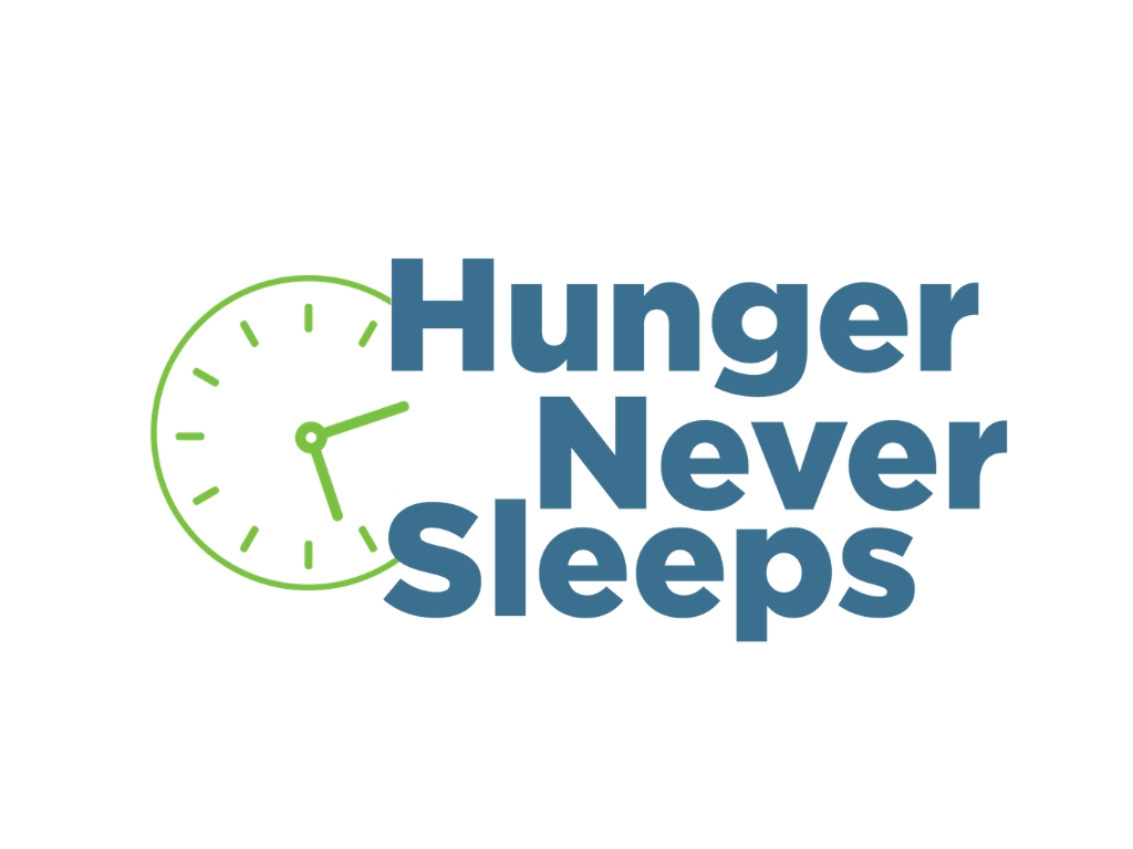 Hunger Never Sleeps logo where text is in blue and green graphic of an analog clock is on the left side of the event name